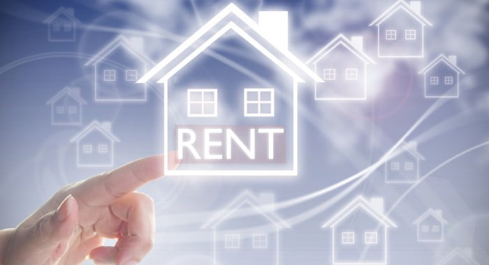 white outline of a house on blue background with the word "RENT" on it